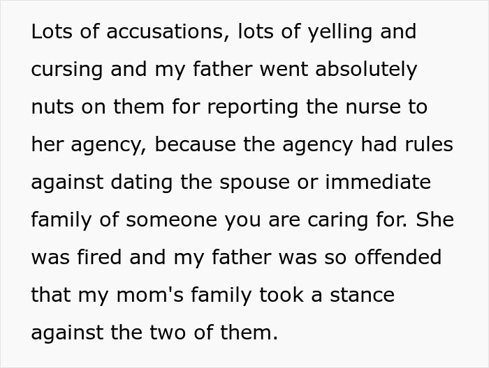 Text explaining family accusations and nurse firing due to affair rules in healthcare Text explaining family accusations and nurse firing due to affair rules in healthcare