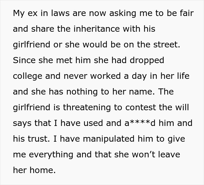 Text describing the ex-in-laws asking to share the inheritance with the girlfriend, who is threatening to contest the will.