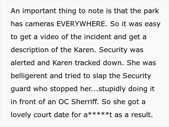 Text about cameras capturing incident and security handling aggressive woman