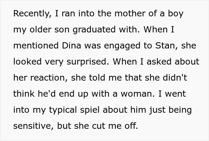 Text discussing mother surprised about daughter's fiancé and his past relationships Text discussing mother surprised about daughter's fiancé and his past relationships