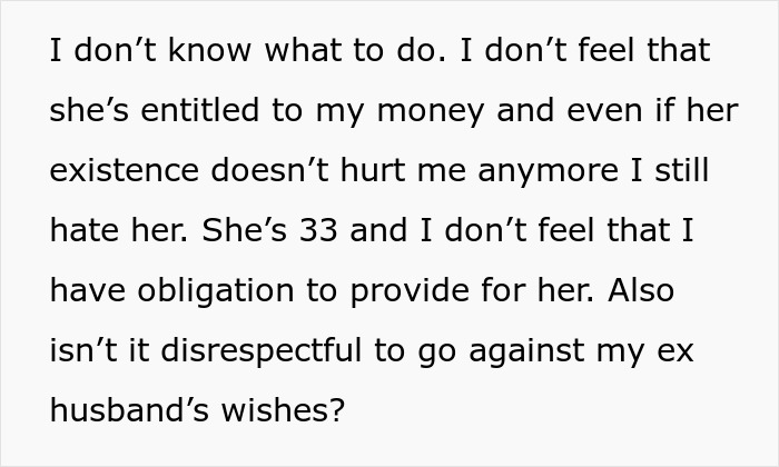 Text discussing the ex-wife's dilemma about sharing the inheritance with the girlfriend, questioning her obligation and ex-husband's wishes.