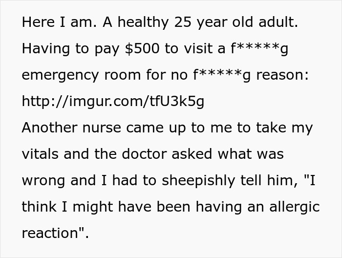 A person in an emergency room explaining a faked allergy reaction to a doctor.