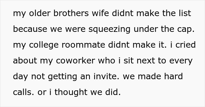 Text sharing sadness over excluded guests from wedding list due to guest cap