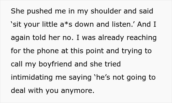 A woman is pushed by her mom who attempts to intimidate her for refusing to follow a rule.