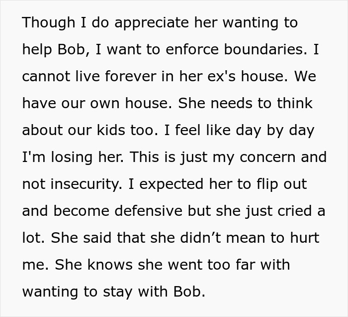 A screenshot of a text detailing a husband's accident and his ex-wife's refusal to leave his side, focusing on boundaries.