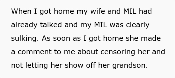 Text post describing MIL sulking over restrictions on sharing grandson photos