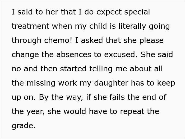 Screenshot of text, mom blasts school as teacher refuses to excuse 11yo chemotherapy patient's absences, risking repeating grade. Screenshot of text, mom blasts school as teacher refuses to excuse 11yo chemotherapy patient's absences, risking repeating grade.