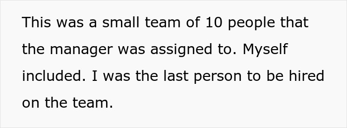 Screenshot of text explaining how a new hire joined a team of 10 people facing management's illegal shenanigans.