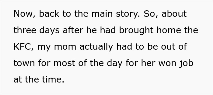 A screenshot of text detailing a mom's boyfriend's plan, involving a kid and a food issue.