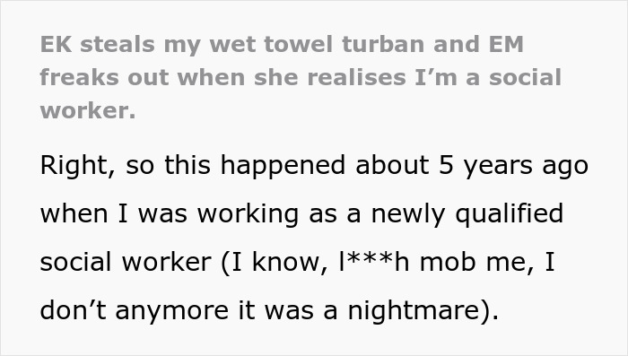 Screenshot of text detailing how a kid steals a woman's wet towel turban, and his mom reacts. Screenshot of text detailing how a kid steals a woman's wet towel turban, and his mom reacts.