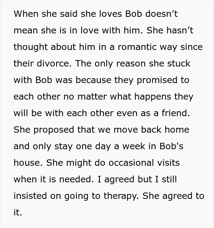 A screenshot of a text detailing a husband's accident and his ex-wife's refusal to leave his side, discussing a new arrangement.
