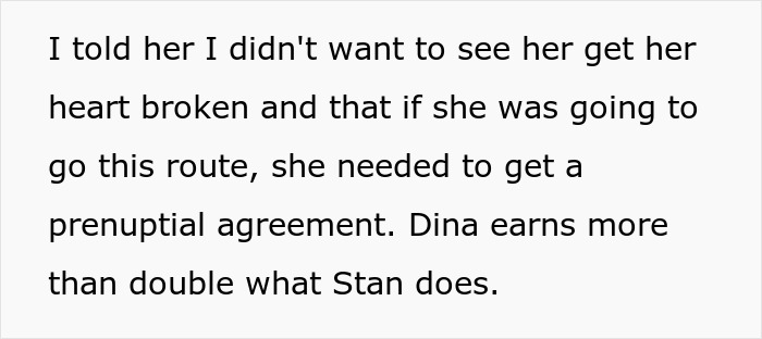 Text about wanting a prenuptial agreement due to daughter's fiancé income difference Text about wanting a prenuptial agreement due to daughter's fiancé income difference