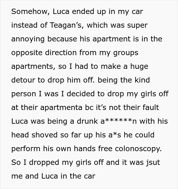 Text describing awkward car ride with fiancée's best friend Luca Text describing awkward car ride with fiancée's best friend Luca