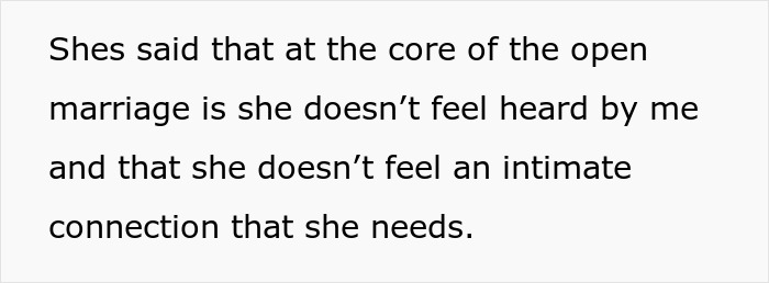 Text about feeling unheard and lacking intimate connection in an open marriage to avoid divorce. Text about feeling unheard and lacking intimate connection in an open marriage to avoid divorce.