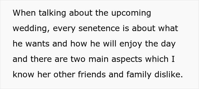 Text about wedding focusing on fiancé's wishes and family dislike Text about wedding focusing on fiancé's wishes and family dislike