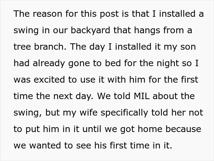 Text post explaining MIL was told not to put son in new backyard swing