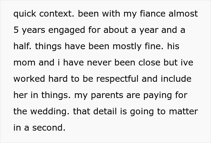 Text about couple's wedding guest list and fiance's mom relationship context