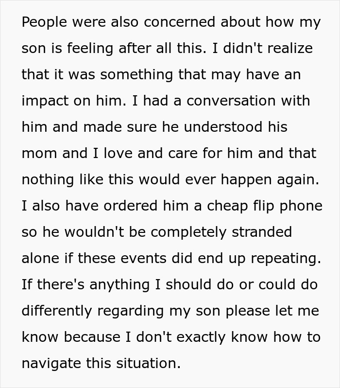 Text snippet detailing concern for the son's feelings after his mother's gaming problem, and steps to support him.
