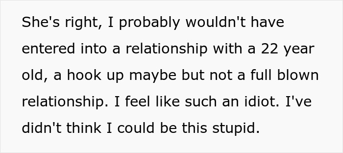 Text about regret in dating a younger woman and feeling like an idiot