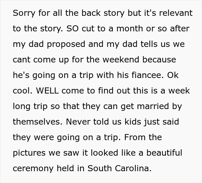 A screenshot of text detailing a secret wedding, a trip, and a bride's spite against her dad.