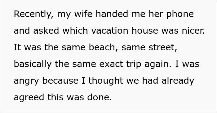 Husband surprised by wife proposing a family trip with in-laws to the same dreaded vacation spot.
