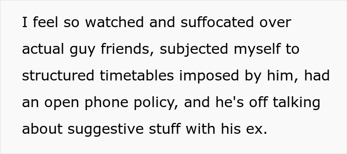 Text detailing suffocation and restrictive rules due to a toxic guy's jealousy, with him talking to an ex.