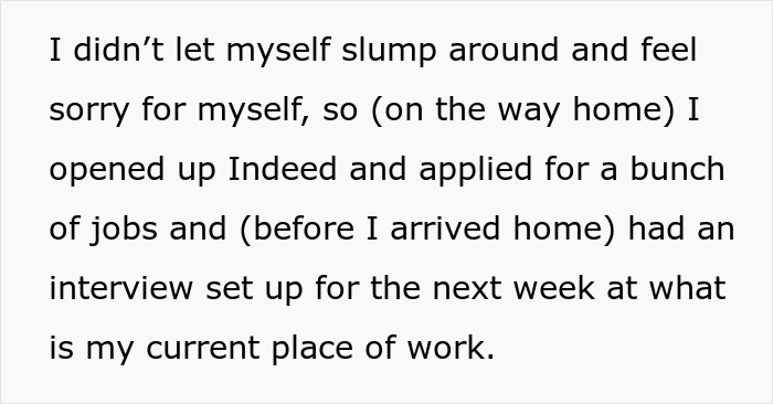 Text about an employee immediately seeking new jobs after being unjustly fired, an act of resilience before taking revenge.