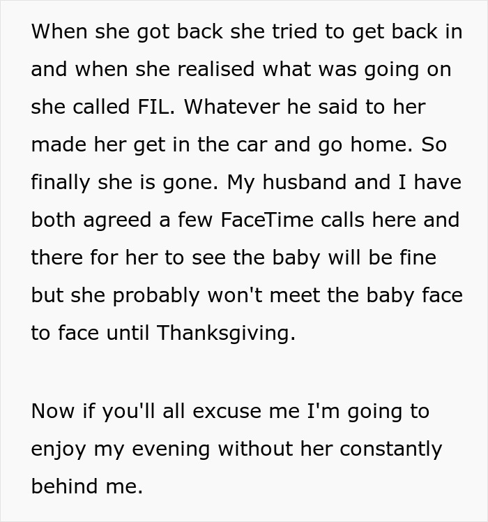 Pregnant woman has contractions; MIL finally leaves. Family sets boundaries after MIL refused to leave.