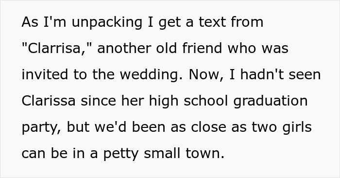 Text about a woman receiving a message from an old friend, Clarissa, involved in a car towed, blind date, petty payback story. Text about a woman receiving a message from an old friend, Clarissa, involved in a car towed, blind date, petty payback story.