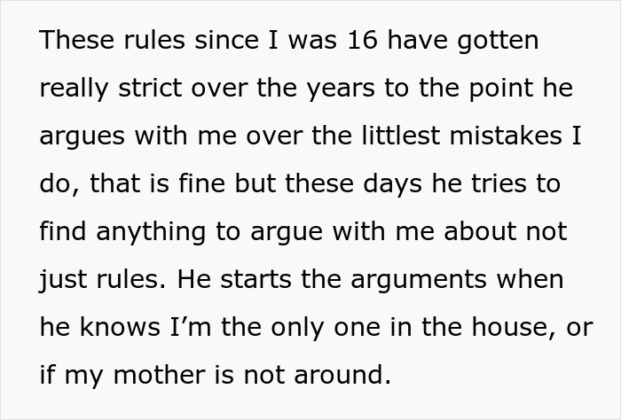Text explaining how house rules have become stricter, leading to arguments between stepdaughter and stepfather. Text explaining how house rules have become stricter, leading to arguments between stepdaughter and stepfather.