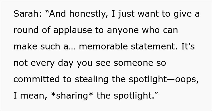 Sarah applauds stealing the spotlight at the wedding, subtly addressing the MIL.