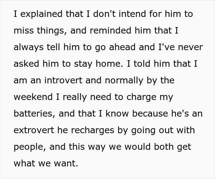 Introverted girlfriend explains her need to recharge and how it differs from her extroverted boyfriend's social needs. Introverted girlfriend explains her need to recharge and how it differs from her extroverted boyfriend's social needs.
