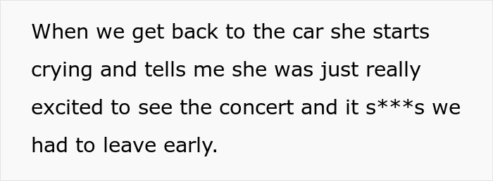Text: Fiancée cries in the car, upset about leaving the concert early after her man fainted. Text: Fiancée cries in the car, upset about leaving the concert early after her man fainted.