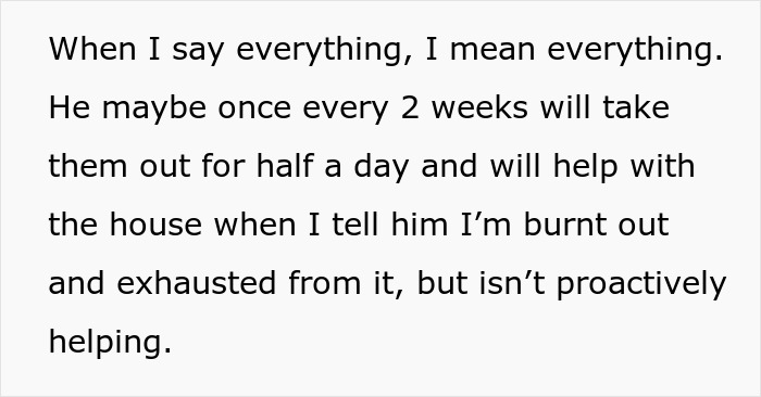 Text about husband helping with housework half a day every two weeks, wife burnt out and exhausted