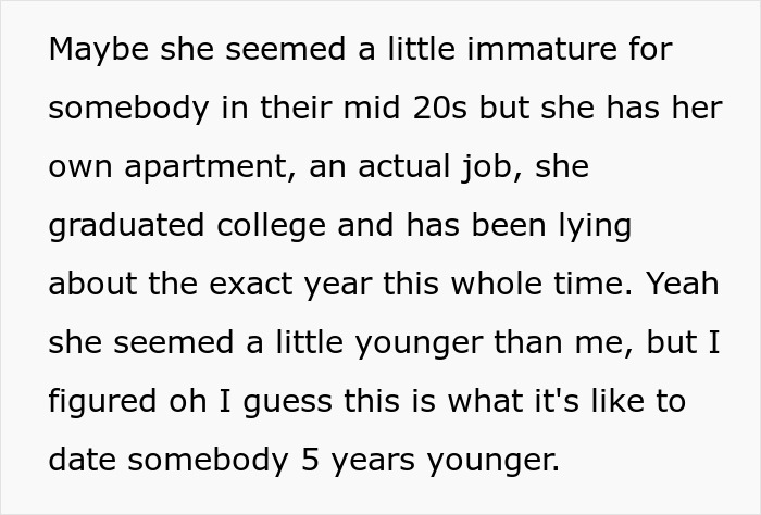 Text describing immaturity and lies about age in a mid-20s relationship