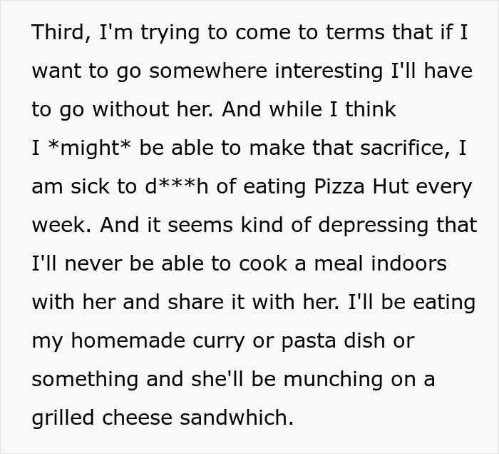 Text about relationship struggles due to a picky eater girlfriend never cooking meals together. Text about relationship struggles due to a picky eater girlfriend never cooking meals together.