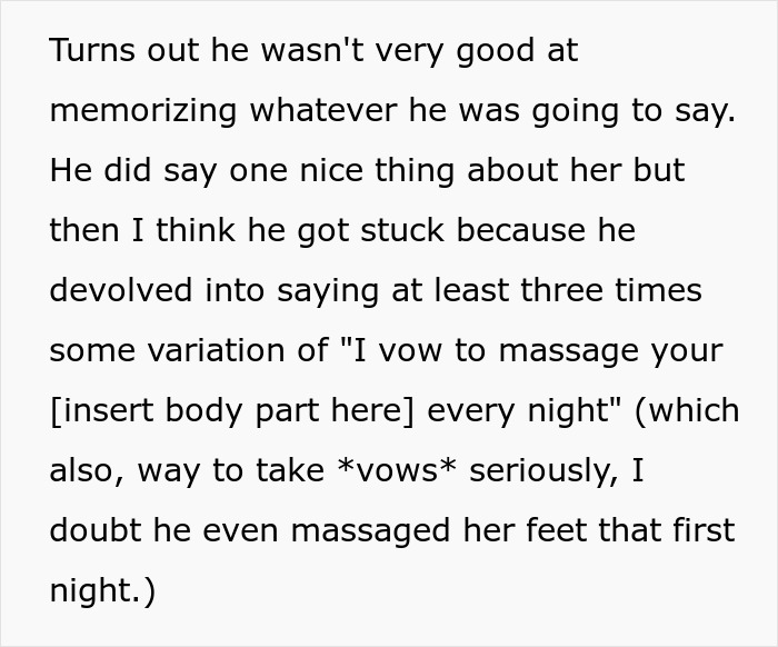 A screenshot of text describing the groom's poorly delivered and inappropriate wedding vows, making the bride cry.