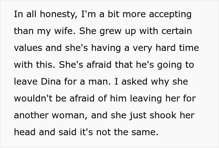 Text discussing wife's fear about fiancé leaving for a man Text discussing wife's fear about fiancé leaving for a man