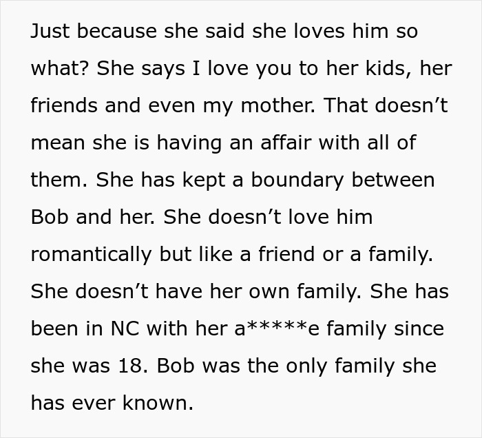 Text clarifying the ex-wife's love for Bob as platonic, like family, after her husband's accident.