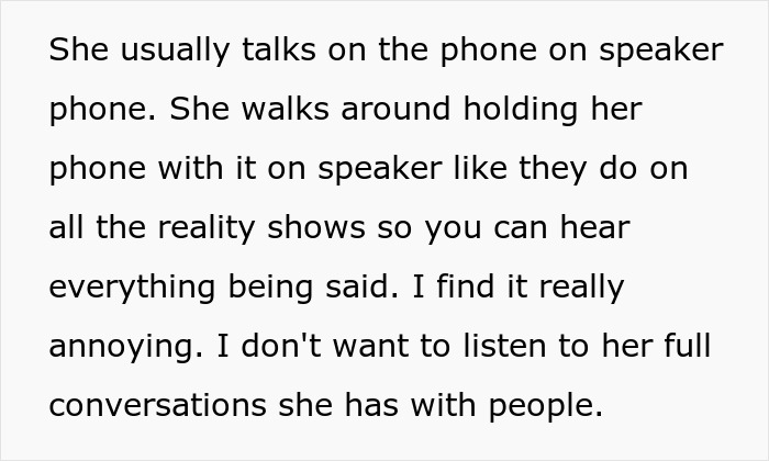 Text about annoyance at phone speakerphone conversations