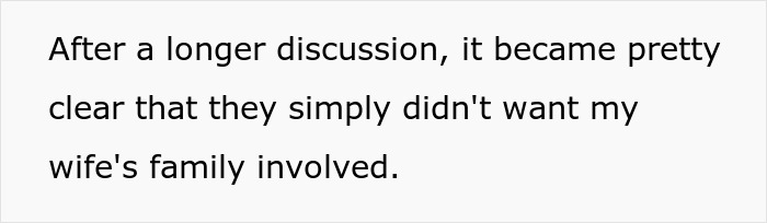 Discussion reveals parents' true desire to exclude wife's family from the family vacation plans. Discussion reveals parents' true desire to exclude wife's family from the family vacation plans.