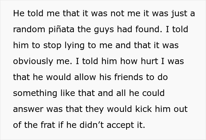 Screenshot of text about lying and hurt feelings regarding a piñata in relationship Screenshot of text about lying and hurt feelings regarding a piñata in relationship
