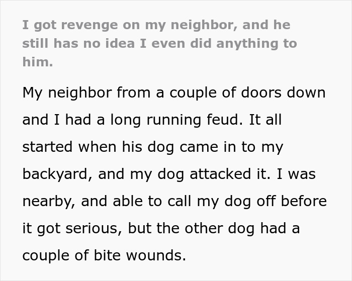 Screenshot of text detailing a long-running feud and a neighbor's petty acts leading to revenge.
