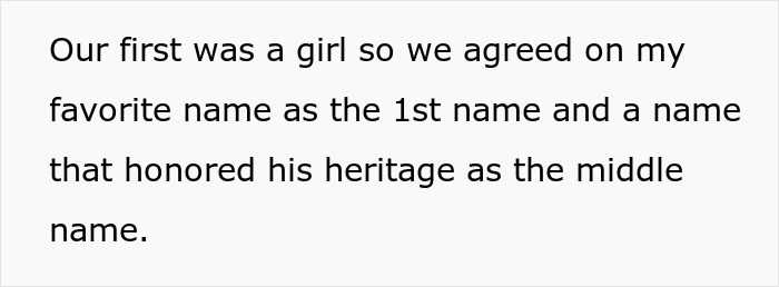 Text explaining how a couple agreed to honor heritage when naming their first child.