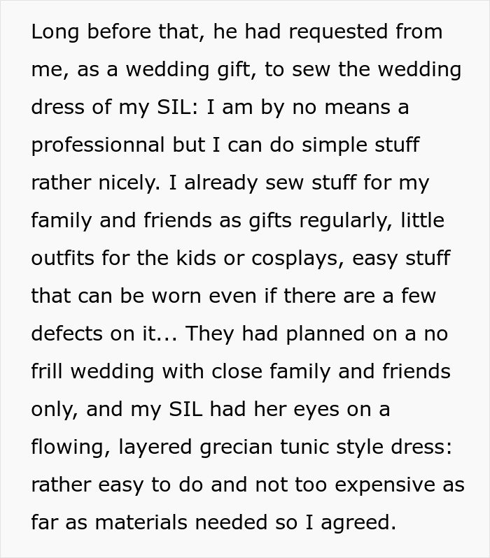 Text describing sewing a simple wedding dress as a gift for SIL's no-frill wedding
