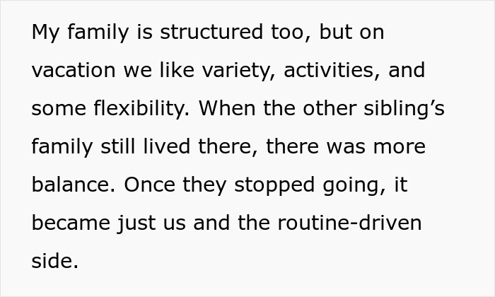 Text where a husband describes the imbalance of a family trip with in-laws when his sibling's family stopped attending.