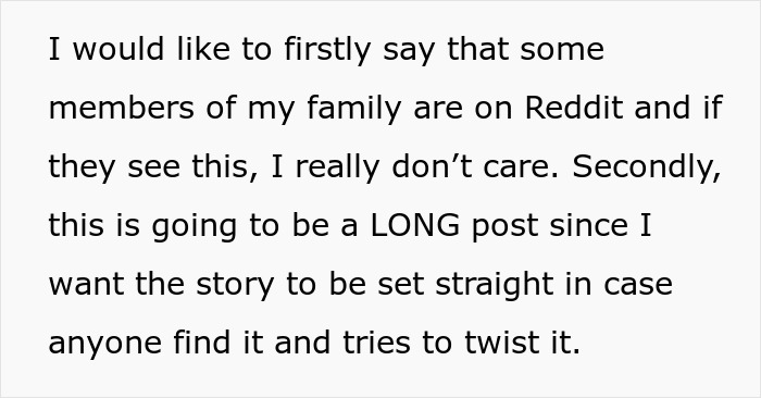 Screenshot of text where a woman states family members are on Reddit, ready to share her story about refusing to follow one rule.