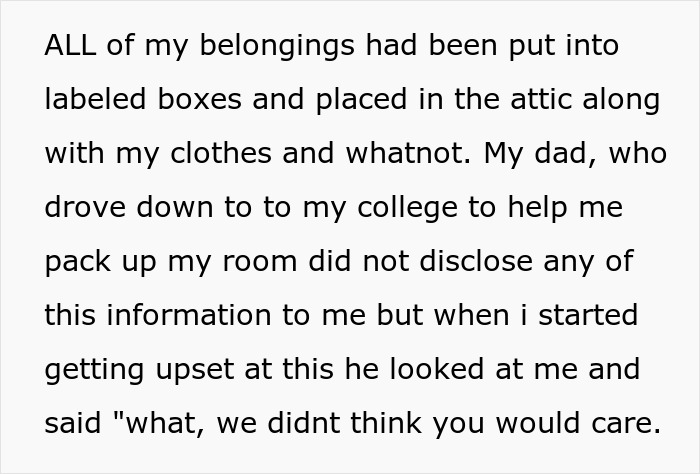 Text snippet detailing the 18YO's belongings packed into boxes and her parents' hostile reaction. Text snippet detailing the 18YO's belongings packed into boxes and her parents' hostile reaction.