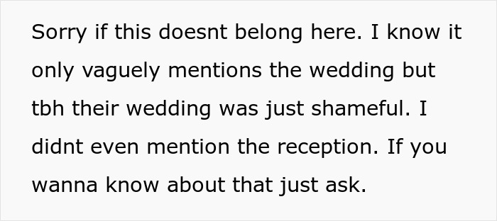 Text discussing the shamefulness of the dad's wedding and reception, key to the bride's spiteful plans.