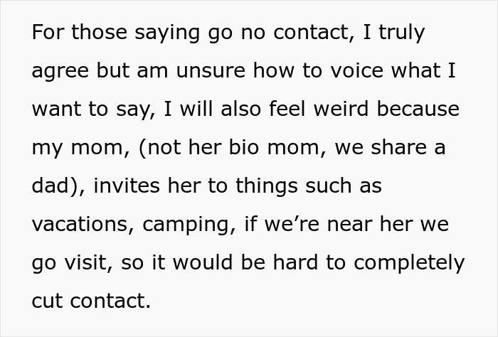 Text discussing difficulty in cutting contact with half-sister and family invitations Text discussing difficulty in cutting contact with half-sister and family invitations